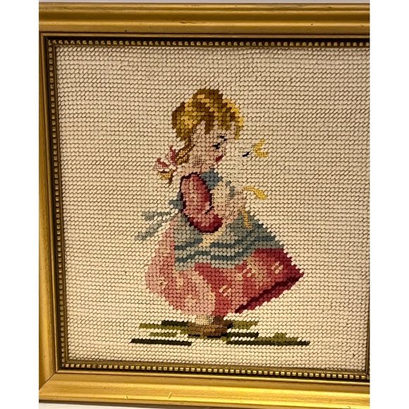 2 Vintage Needlepoint Boy Butterfly Girl Duck Gold Framed Wall Hangings 10" - Picture 6 of 7